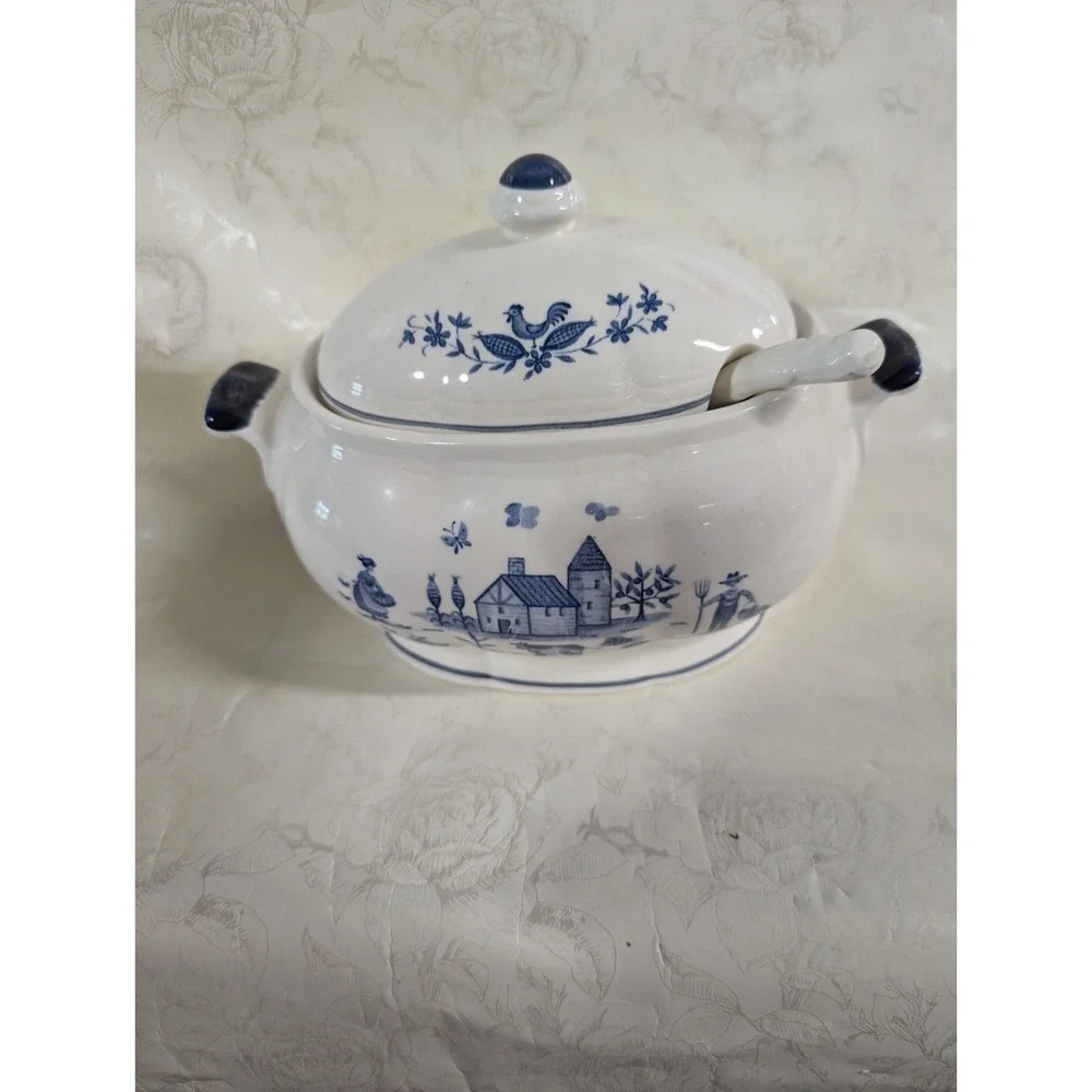 Vintage gravy sauce boat container lid & spoon‎ country blue scarecrow rooster